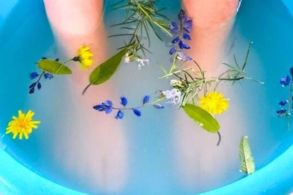 Pieds dans un bain avec herbes et fleurs.