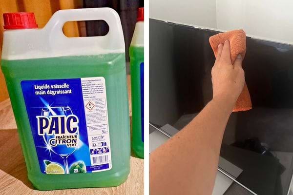Produit vaisselle et main nettoyant un écran avec chiffon orange.