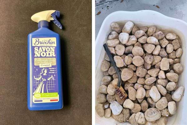 Pulvérisateur de savon noir, bac avec cailloux sales.