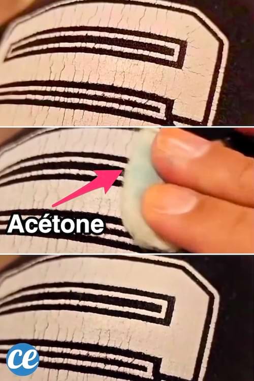 Un flocage sur un t-shirt qui a craquelé et réparé avec de l'acétone