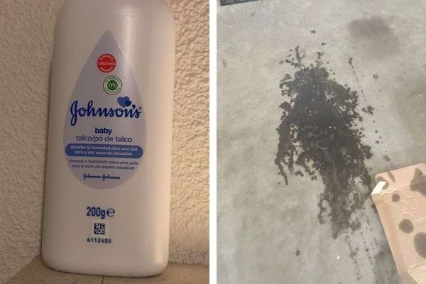 Poudre de talc à côté d'une tache d'huile.