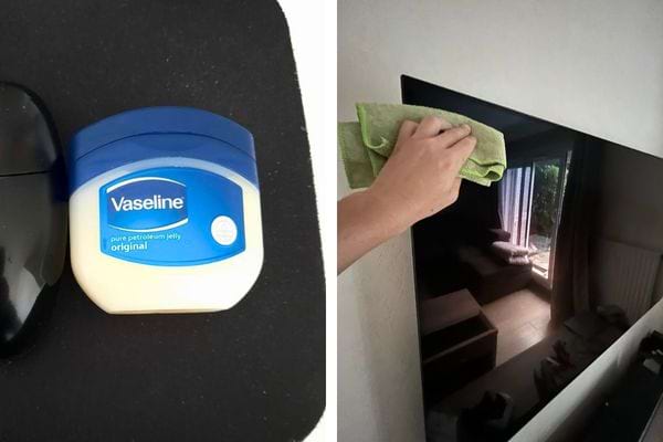 Pot de vaseline et main nettoyant un écran de télé.