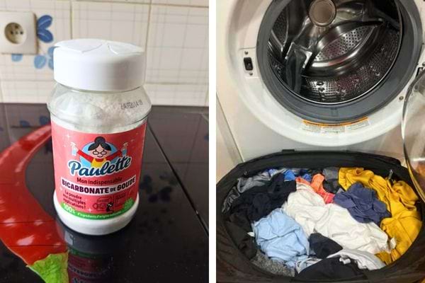 Bicarbonate de soude Paulette et linge humide dans le lave-linge.