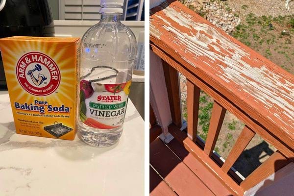 Bicarbonate et vinaigre posés à côté d'une rampe en bois écaillée.
