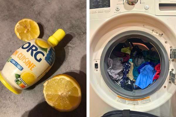 Bouteille de jus de citron et linge dans le lave-linge.
