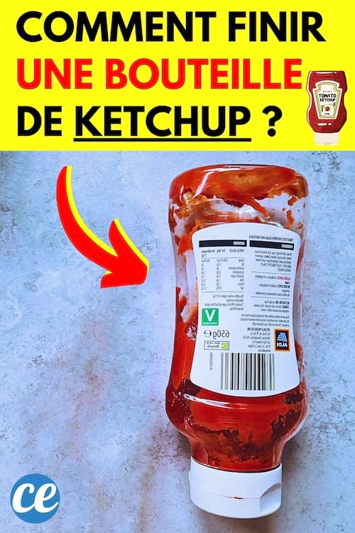 Une bouteille de Ketchup en plastique avec des restes de sauce tomate