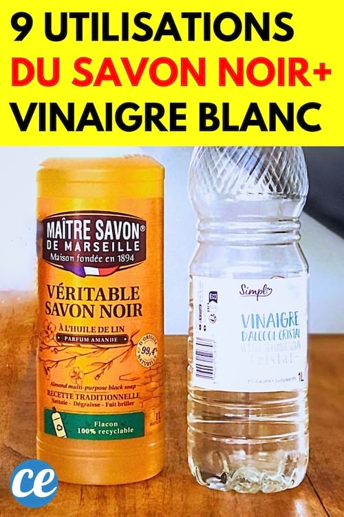 Un flacon de savon noir et une bouteille de vinaigre blanc pour tout nettoyer à la maison