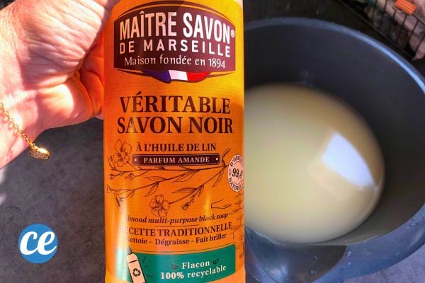 Flacon de savon noir avec eau dans une bassine.