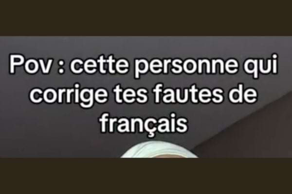 Texte "Pov : cette personne qui corrige tes fautes de français" sur un fond gris.
