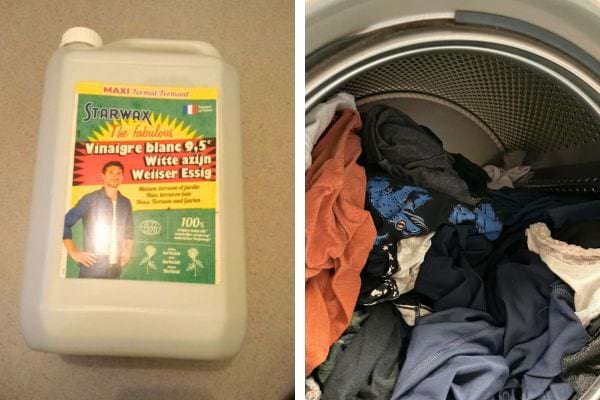 Bouteille de vinaigre blanc Starwax et linge humide dans un lave-linge.