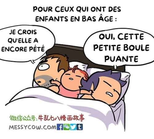 Un couple au lit accuse leur jeune enfant d'avoir pété.