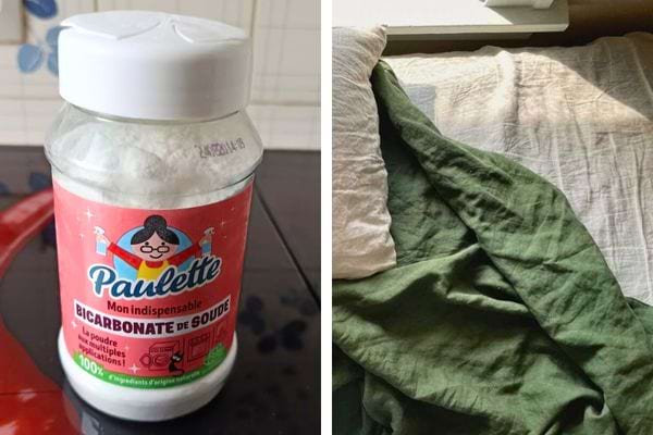 Pot de bicarbonate de soude posé sur une table.