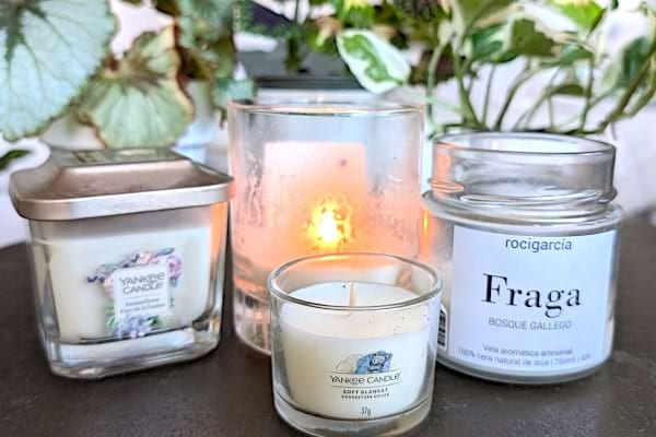 Des bougies parfumées sur une table devant des plantes à la maison