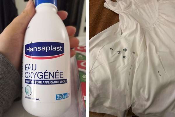 Bouteille d'eau oxygénée et tache sur une robe blanche.