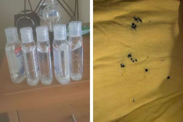 Bouteilles de gel alcool et tache d'encre sur un vêtement jaune.