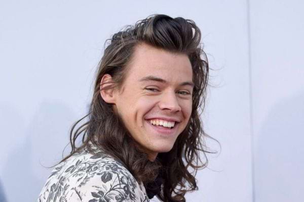 Harry Styles souriant, cheveux longs.