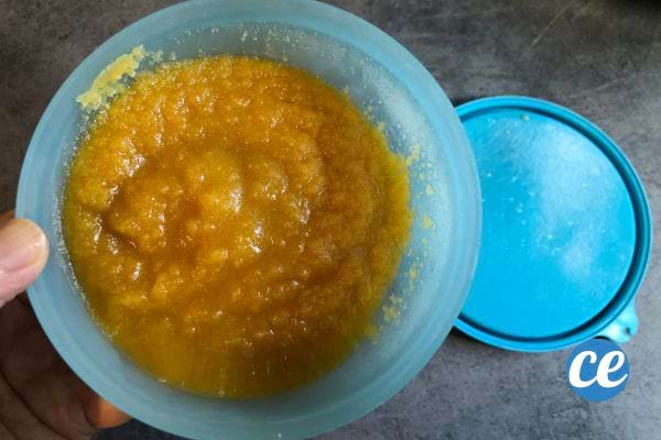 Compote stockée dans une boîte en plastique avec couvercle.