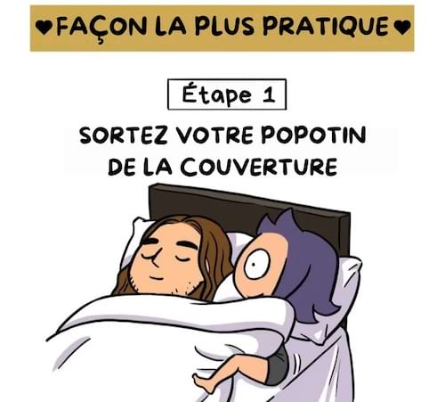 Une personne soul&egrave;ve la couverture pour sortir du lit.