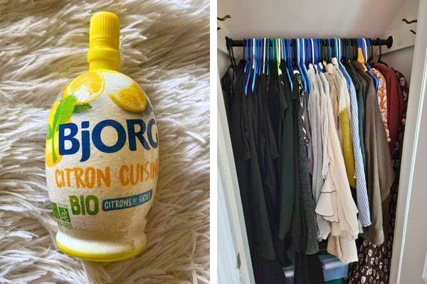 Bouteille de jus de citron bio sur un tapis.