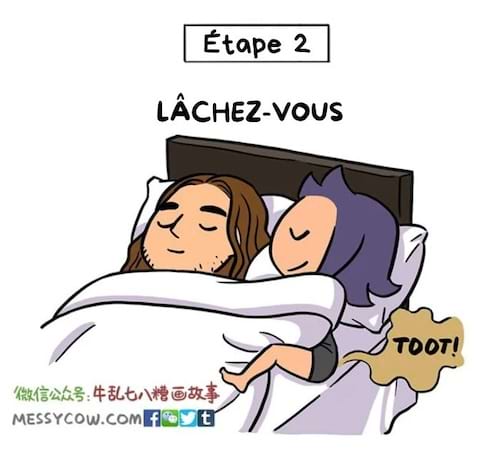 La même femme lâche un pet en étant couchée à côté de son partenaire endormi.