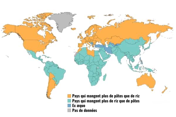 Une carte des pays qui mangent plus de pâtes ou de riz