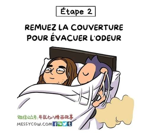 La personne remue la couverture pour disperser l'odeur apr&egrave;s avoir p&eacute;t&eacute;.