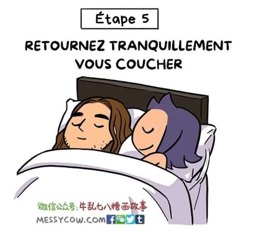 La femme retourne au lit tranquillement avec son partenaire endormi.