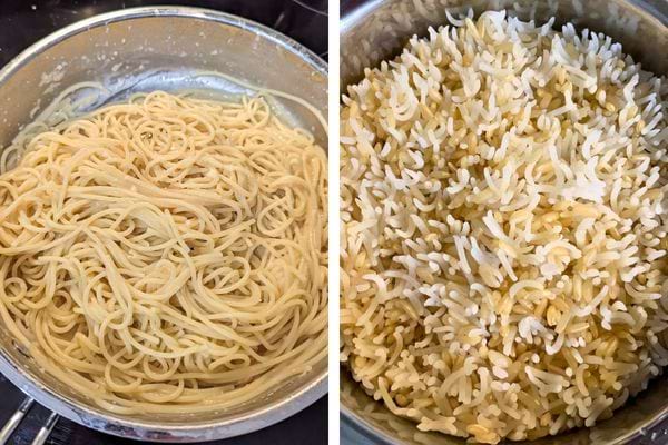 Comparaison entre spaghetti nature et riz cuit.