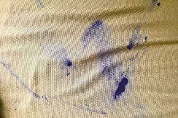 Taches d’encre bleue dispersées sur un tissu clair.