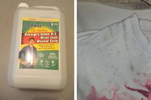 Vinaigre blanc à côté d'un t-shirt taché.