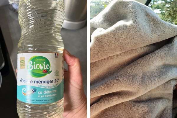 Flacon de vinaigre ménager tenu en main.