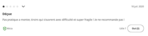 Avis négatif sur une commode IKEA difficile à monter.