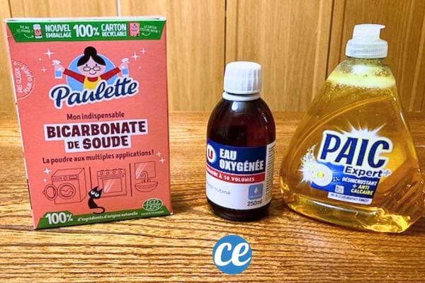 Bicarbonate, eau oxygénée et liquide vaisselle Paic prêts.