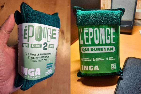 Éponges INGA avec emballages "1 an" et "2 ans".