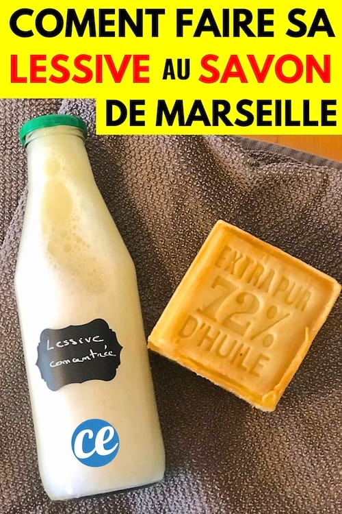 Une bouteille de lessive liquide maison avec du savon de marseille