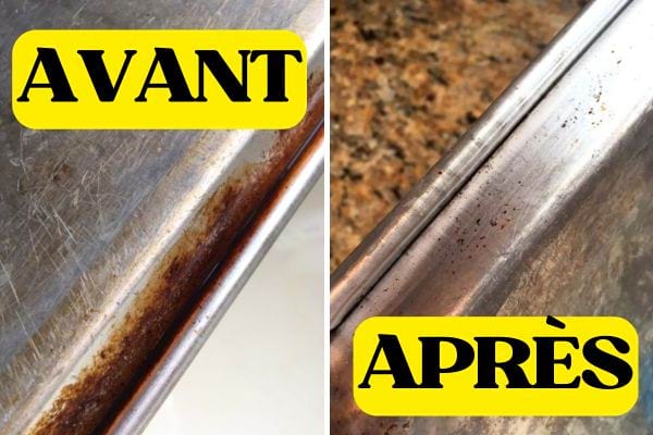 une plaque de cuisson en inox avant et après un nettoyage