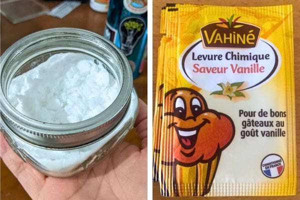 Un bocal contenant du bicarbonate de soude et un paquet de levure chimique à la vanille.