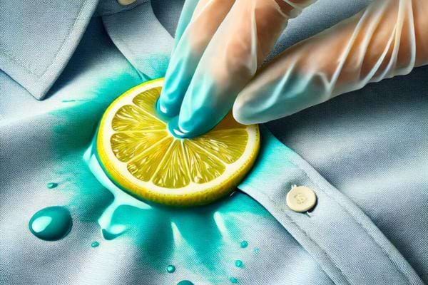 Citron pressé sur un tissu bleu pour enlever une tache.