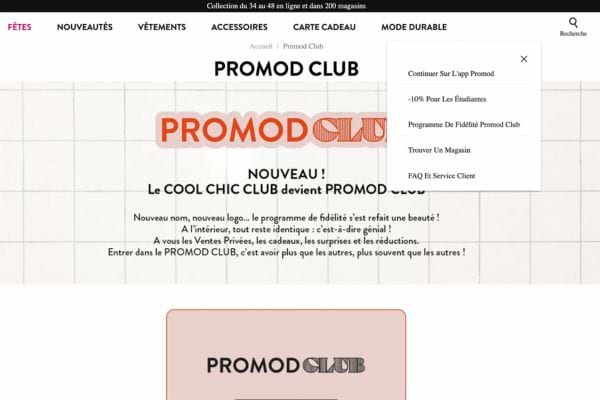 Texte Promod Club, cadeau et cartes.