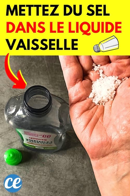 Une main avec du sel qui en verse dans un flacon de liquide vaisselle 