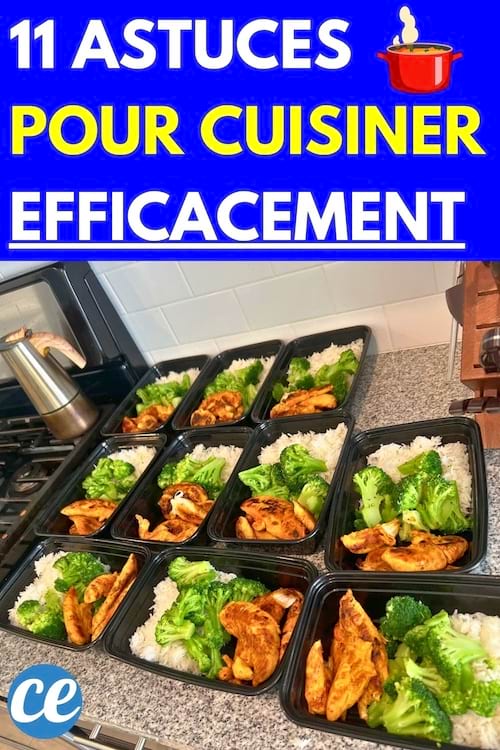 Repas préparés à l'avance dans des barquettes avec du riz, du poulet et du brocoli, illustrant une méthode efficace pour gagner du temps en cuisine