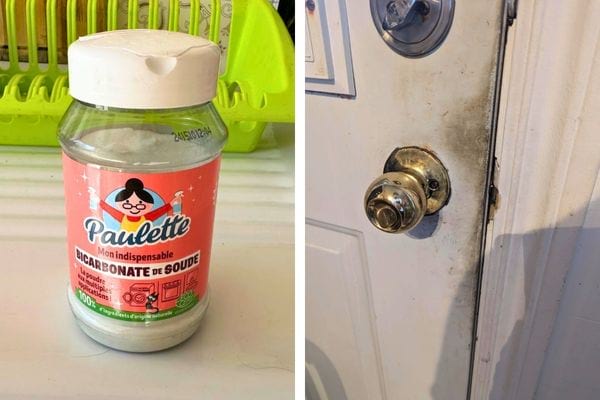 Un pot de bicarbonate de soude sur un plan de travail.