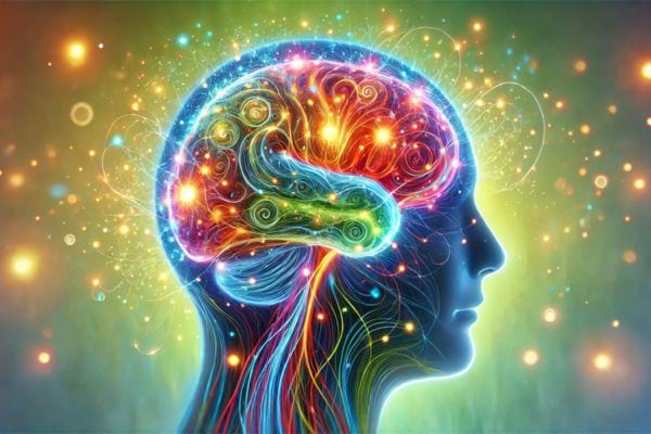 Illustration colorée d'un cerveau humain lumineux.