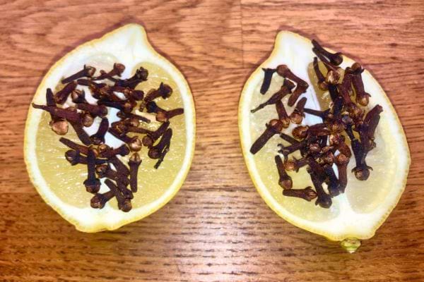 Deux moitiés de citron avec clous de girofle, vue de dessus sur bois.