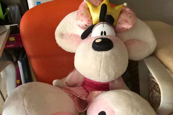 Diddl assis sur une chaise orange, regardant devant.