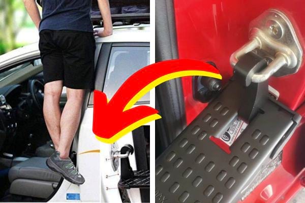 Un homme utilise le crochet de la portière de sa voiture pour se soutenir tout en se tenant debout sur le toit.