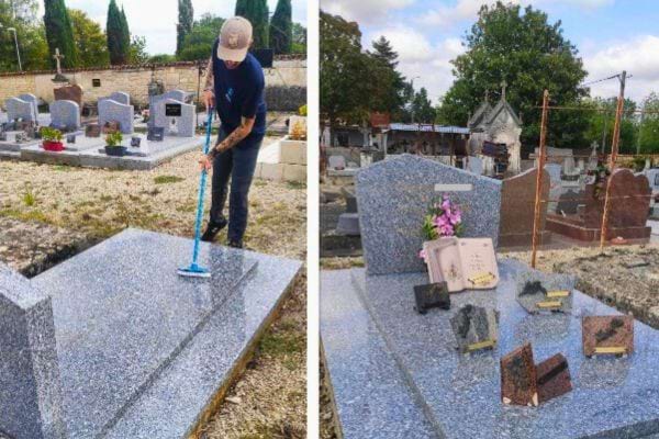 Homme nettoie tombe avec serpillière, cimetière clair.