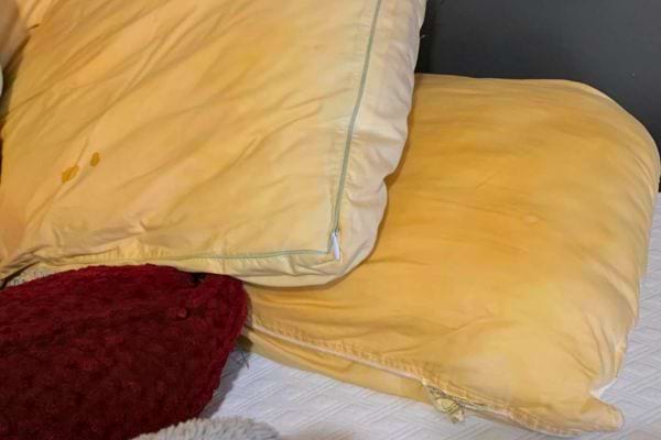 Oreillers jaunis avec taches sur un lit.
