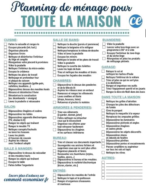 La checklist pour faire le ménage dans tout la maison.
