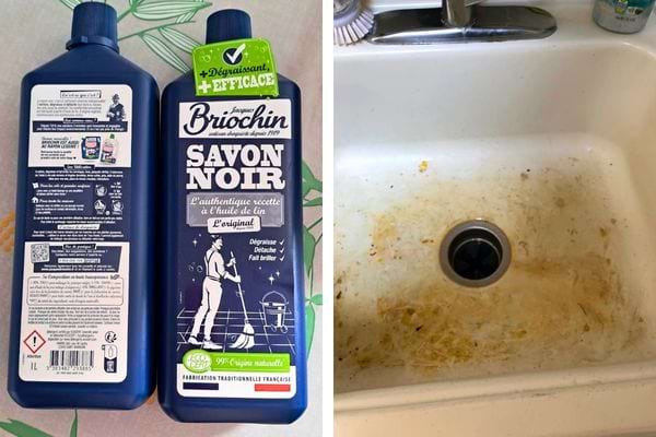 Flacon de savon noir à côté de l'évier.